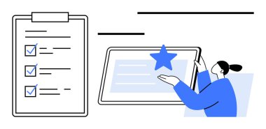 Tamamlanmış kontrol listesi olan pano, bir yıldız ve kişi etkileşimini gösteren tablet. Organizasyon, verimlilik, teknoloji, başarı, proje yönetimi değerlendirme başarısı için idealdir. Basit.