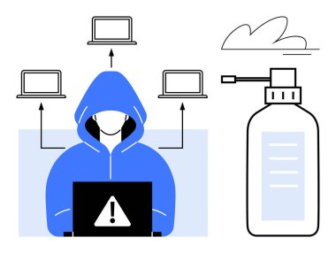 Uyarı sembollü dizüstü bilgisayar kullanan kapüşonlu figür, hacklemeyi temsil eden bağlantılı aygıtlar. Antivirüs şişesi siber korumayı sembolize eder. Veri güvenliği, hackleme, dijital suç ve virüs tehditleri için ideal