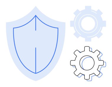 Korunmayı simgeleyen kalkan simgesi ve ayarları ve mekanizmaları temsil eden iki vites. Konseptler için ideal siber güvenlik, veri koruması, sistem optimizasyonu, yazılım geliştirme