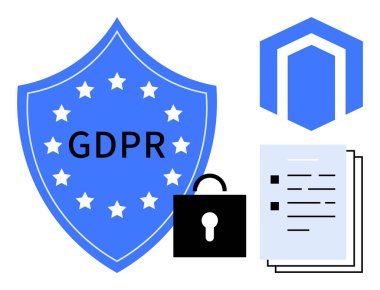 Yıldızlı, asma kilitli mavi GDPR kalkanı, belgeler ve güvenlik rozeti. Mahremiyet, uyum, yönetmelik, güvenlik veri yönetimi için ideal siber güvenlik farkındalığı kavramları. Basit düz