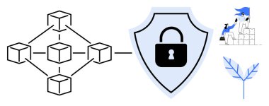 Kalkan kilidi simgesine sahip engelleme ağı düğümleri güvenlik ekibinin blokları istiflemesini ve büyümeyi sembolize eden bitkileri temsil ediyor. Engelleme zinciri, siber güvenlik, takım çalışması, gizlilik, yenilik, büyüme için ideal
