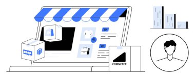 Dizüstü bilgisayar ekranında çevrimiçi bir mağaza, ürün kutuları, alışveriş torbası, kullanıcı profili ve analiz var. E-ticaret, perakende, iş, dijital pazarlama girişimcilik teknolojisi için ideal