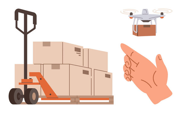 Рука толкает тележку с коробками, квадрокоптер доставляет посылку поблизости. Идеально подходит для логистики, службы доставки, электронной коммерции, инноваций, автоматизации, цепочки поставок, простой плоской метафоры