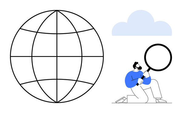 Person holding magnifying glass next to a globe and cloud. Ideal for research, data analysis, exploration, global connectivity, cloud computing, innovation, and discovery. Minimalist flat metaphor