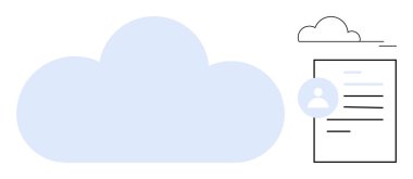 Mavi bulut, kullanıcı profili simgesi ve asgari satırlı bir belgenin yanında. Veri depolama, kullanıcı yönetimi, çevrimiçi profiller, bulut teknolojisi, belge erişimi, dijital kimlik, basit