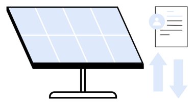 Bir belge simgesi eşliğinde, oklarla veri akışını gösteren enerji üreten güneş paneli. Sürdürülebilirlik, yenilenebilir enerji, veri yönetimi, teknoloji, yeşil enerji, yenilik için ideal