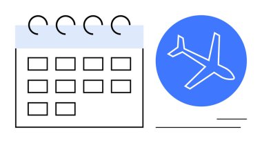 İşaretli tarihler ve seyahat planlama, planlama ve rezervasyonları somutlaştıran bir uçak ikonu. Seyahat organizasyonu için ideal, zaman yönetimi, tatil hazırlığı, seyahat programı geliştirme