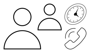 İki insan figürü, saat ve telefon hatları bağlantıyı, dakikliği ve iletişimi temsil ediyor. Takım çalışması, işbirliği, zaman yönetimi, uzak çalışma zamanlaması için ideal