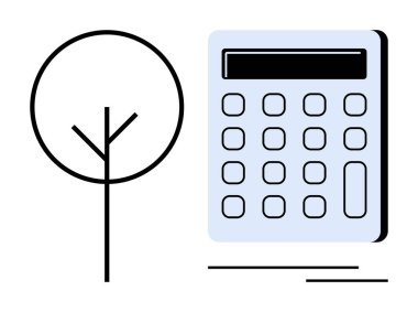 Minimalist ağaç ve hesap makinesi doğa ve finans temalarını birleştiriyor. Sürdürülebilirlik, bütçe, çevre dostu iş, çevre muhasebesi, yeşil ekonomi, kaynak yönetimi, basit