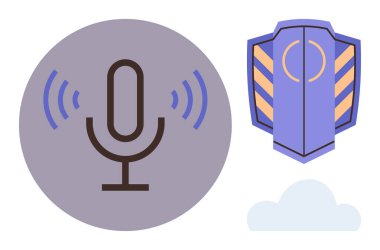Ses dalgalı mikrofon ses kaydını iletir kalkan güvenliği simgeler bulut depolama ipuçlarını. İletişim, güvenlik, teknoloji, podcastlar, veri koruması, kayıt için ideal