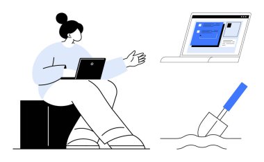 Dizüstü bilgisayarı olan bir kadın açık ekrana doğru hareket ediyor. Yanında da çabayı ve keşfi sembolize eden bir kürek ve veri var. Teknoloji, iletişim, problem çözme, üretkenlik, analiz için ideal