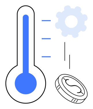 Yükselen seviye, dişli ve bozuk paralı termometre. Ekonomi, verimlilik, finans, iş, ilerleme sıcaklığı artışı için idealdir. Basit bir düz metafor için temiz modern tarz