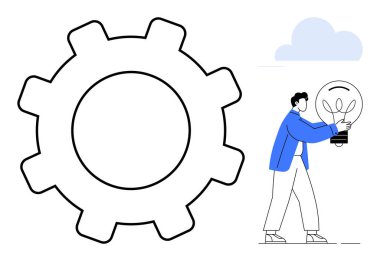 Büyük çark ve mavi giyen adam, bulutlu beyaz arka planda parlayan bir ampul tutuyor. Yenilik, takım çalışması, yaratıcılık, problem çözme, teknoloji, fikirler, büyüme metaforu için ideal