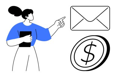 Zarf ve parayı işaret eden tabletli kadın, e-posta, iletişim, finansal işlemler ve dijital etkileşimi temsil ediyor. İdeal mesajlaşma, finans, pazarlama, teknoloji sektörü