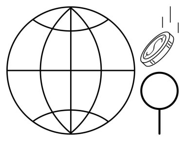 Küresel ekonomi, araştırma, yatırım ve para birimi dinamiklerini ön plana çıkaran büyüteç ve düşen madeni paranın yanında dünya. Finans, ticaret, büyüme ve küreselleşme analizi için ideal