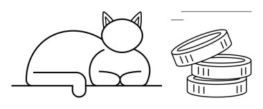 Kedi madeni para yığınının yanında, mali istikrar, yatırım, servet, tasarruf, sigorta, bütçe ve hayvan refahını temsil eden memnuniyet içinde dinleniyor. Basit bir düz metafor için ideal.