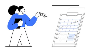 Tablet tutan kişi, panoya doğru işaret ediyor. Grafikler, çizelgeler ve kontrol listesi. İş stratejisi, araştırma, planlama, rapor eğitimi sunumları için ideal takım çalışması. Basit.