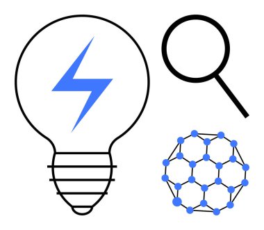 Enerji cıvatalı ampul, büyüteç ve moleküler yapı. Yenilik için ideal, bilim, araştırma, keşif, teknoloji enerji çözümleri yaratıcı fikirler. Basit düz metafor