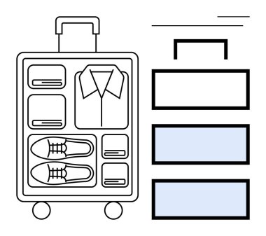 Düzgünce katlanmış giysi ve ayakkabıları gösteren bavulu aç, istiflenmiş deponun simgesinin yanında. Seyahat için ideal, paketleme ipuçları, organizasyon, minimalizm, verimlilik, tatil planlama, basit daire