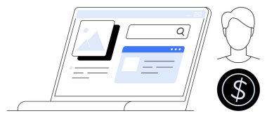 Bir dolar işareti eşliğinde dizüstü bilgisayarda dijital içerik, arama çubuğu ve kullanıcı profili gösteriliyor. Web tasarımı için ideal, dijital pazarlama, kullanıcı arayüzü, içerik oluşturma, çevrimiçi iş