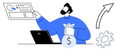 Bilgisayarın, teçhizatın ve yukarı bakan okun yanında para çantasını tutan adam ekranda raporları analiz ediyor. Finans, büyüme, iş, yatırım, strateji verimliliği için ideal başarı kavramları. Basit düz