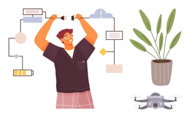 Civardaki yaratıcı akış şeması pil, bitki ve kuadkopterine kablo bağlayan mühendis. Yenilik, teknoloji, problem çözme, sürdürülebilirlik, iş akışı, yaratıcılık için ideal düz düz