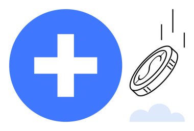 Bulutların üzerine düşen madeni paranın yanında mavi haç sağlık hizmetlerinin finansal yönlerini çağrıştırıyor. Tıbbi masraflar için ideal, sigorta, tasarruf, yatırım, yardım, ilaç ekonomik sağlık. Basit düz metafor