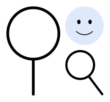 İki büyüteç ve gülümseyen bir yüz analizi, odaklanmayı, pozitifliği ve keşfi ifade eder. Temalar için ideal araştırma, keşif, öz yansıma, berraklık, mutluluk yeniliği