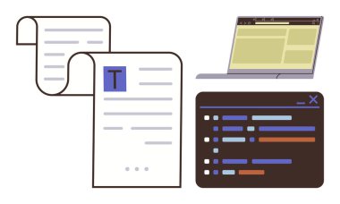 Dijital yazma, kodlama ve çevrimiçi araçları temsil eden dizüstü, belge ve kod arayüzü. İçerik yazma, kodlama, programlama, iş akışı teknolojisi organizasyonu verimliliği için ideal basit