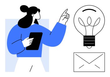 Tablet jestleri olan kadın ampul ve zarfa, iletişimi, yaratıcılığı, fikir paylaşımını, yeniliği, üretkenliği, takım çalışmasını, dijital etkileşimi temsil ediyor. Basit bir tasarım için minimalist tasarım