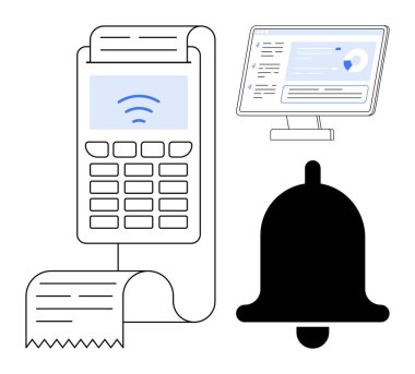 Faturalı POS terminali, veri analizlerini gösteren bilgisayar ekranı ve uyarı zili. Ödeme işlemleri, finans, analitik, tebligatlar, alarmlar, e-ticaret ve iş stratejileri için ideal