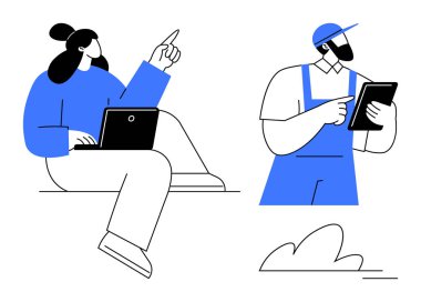 Kadın elinde tablet olan bir erkek işçiyle konuşurken dizüstü bilgisayar kullanıyor. Takım çalışması, iletişim, teknoloji kullanımı, iş birliği, dijital çözümler, çeşitli roller, basit düz metafor