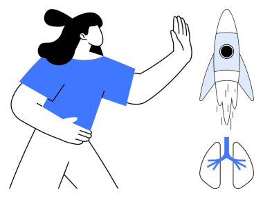 Roket ve akciğer diyagramının yanında el kaldırarak el hareketi yapan kadın, sınırları, yeniliği, sağlığı ve ilerlemeyi simgeliyor. Sağlık, büyüme, sınırlar, sağlık bilimi için idealdir.