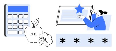 Hesap makinesi, elma, brokoli, ekrandaki kişi derecesi ve şifre alanı. Sağlık, beslenme, fitness güvenliği üretkenlik, kendi kendini geliştirme ve dijital planlama için idealdir. Basit düz metafor