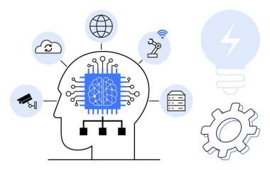 Bulut, otomasyon, veri depolama, internet ve yenilik simgeleriyle çevrili bir beyin mikroçipi olan insan kafası. Yapay zeka, otomasyon, teknoloji, bağlantı yeniliği için ideal