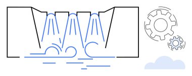 Baraj, mühendisliği sembolize eden dişlilerle çevrili bir su deposuna ve çevresel bağlam için bir bulut bırakıyor. Enerji, sürdürülebilirlik, su tasarrufu, temiz güç için ideal