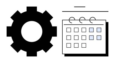 Üzerinde otomasyon, planlama ve verimliliği simgeleyen işaretli tarihler olan bir takvimin yanında vites. Üretkenlik, organizasyon, iş akışı stratejisi, hedef izleme, proje planlaması, zaman