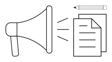Belgelere bakan megafon, yukarıdaki kalem pazarlamayı, iletişimi ve içerik oluşturmayı sembolize ediyor. Reklam, mesajlaşma, promosyon, verimlilik halkla ilişkiler için ideal