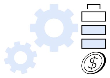 İki vites, pil şarj seviyeleri ve üretkenliği, enerji yönetimini ve finansal büyümeyi gösteren bir dolar. İş, verimlilik, ilerleme ve teknoloji ekonomisi için ideal