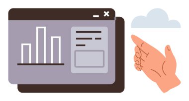 Çubuk çizelge ve metin tabanlı veriler, el işaretli bir jest ve küçük bir bulutun yanındaki gösterge panelinde. Veri temsili, analitik, bulut hesaplaması, teknoloji ve iletişim için ideal