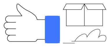 Baş parmaklar yukarı, karton kutu aç, çizim yap. Teslimat, onay, geri bildirim, lojistik, tatmin edici müşteri hizmetleri için ideal. Basit düz metafor