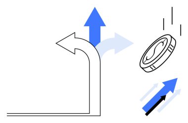 L şeklinde ok, yukarı doğru ok ve karar verme mekanizmasını gösteren madeni para, büyüme, fırsat, finansal başarı, ilerleme, yatırım ve seçim. İşletme finansmanı için ideal kariyer yolları yeniliği
