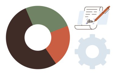Üç renkli pasta grafiği, kalemle imzalanmış belge ve vites simgesi. Veri analizi, iş akışı, sözleşme imzalama, proje planlaması, takım işbirliği, karar verici basit düz metafor