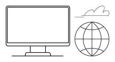 Boş ekran, küre ve bulut sembolize teknoloji, internet, küresel ulaşım, ağ, iletişim, uzaktan çalışma ve yenilik. Teknoloji kavramları için ideal basit düz metafor
