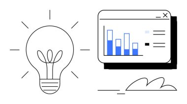 Büyüme yapraklı ampul ve tarayıcı penceresindeki bar çizelgesinin yanında parlayan çizgiler. Yenilik, büyüme, yaratıcılık, analitik, veri içgörüsü, araştırma, strateji, basit düz metafor