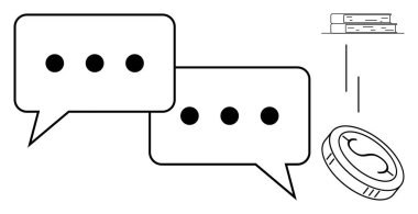 Diyalog için iki konuşma balonu, ekonomik değer için bir sikke ve öğrenmek için kitaplar. Takım çalışması, sohbet, eğitim, danışmanlık, iş görüşmeleri için ideal. Basit düz metafor