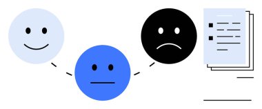 Gülümseyen, nötr ve üzgün yüzler, müşteri geri bildirim analizini temsil eden dokümanlara doğru çizgilerle bağlanmış. Anket, geri bildirim, hizmet değerlendirmesi, duygular, iş tatmini için ideal basit