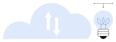 Yanan ampulün yanında çift yönlü okları olan bulut, bulut hesaplamayı, veri alışverişini ve sürdürülebilir enerjiyi temsil ediyor. Teknoloji, yenilik, enerji, bağlantı, veri için ideal