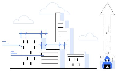 Dijital yapı geliştirmesi altındaki kentsel binalar, dijital bağlam ve büyüme okuyla kapüşonlu bir hacker 'a bağlı. Teknoloji, şehir planlaması, siber güvenlik, bulut ağı için ideal