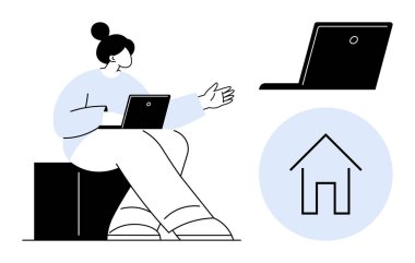 Kadın diz üstü bilgisayarda çalışırken el kol hareketi yapıyor, iş-yaşam dengesini vurguluyor. Uzaktan çalışma, serbest çalışma, ev ofisi, dijital yaşam tarzı, telekomünikasyon, verimlilik, işbirliği için ideal